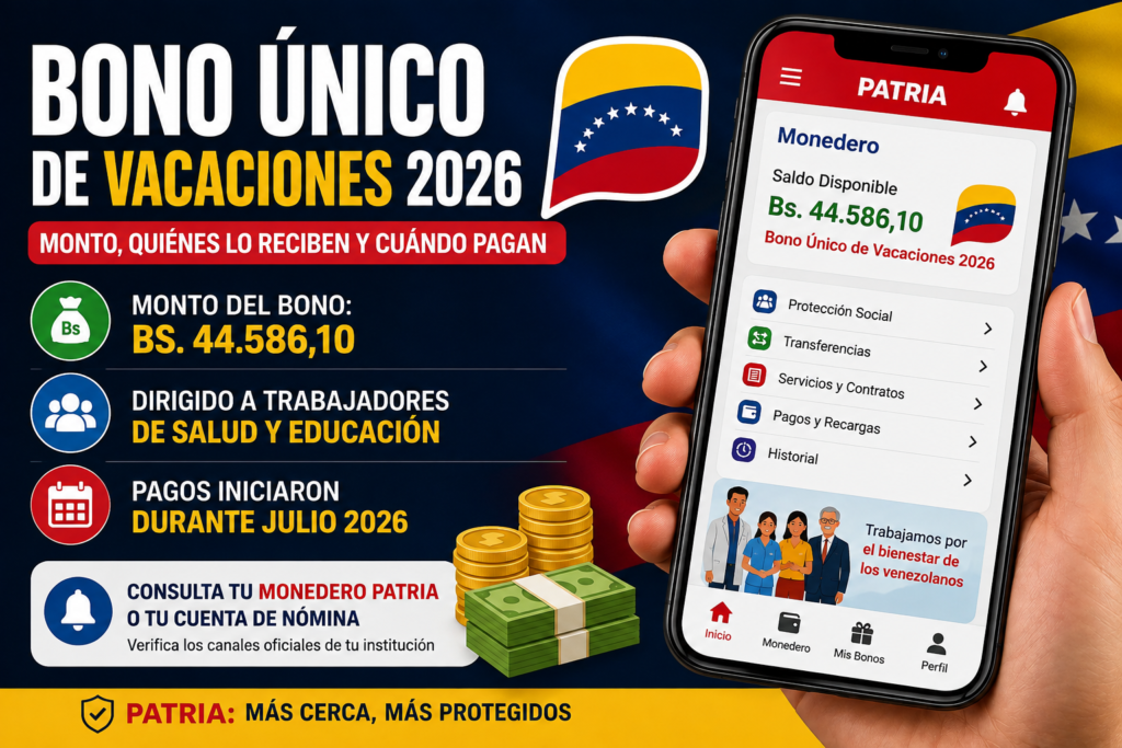 Bono Único de Vacaciones 2026 en Venezuela: monto de Bs. 44.586,10, trabajadores de Salud y Educación y pago por Patria