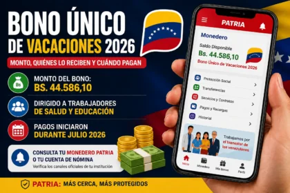 Bono Único de Vacaciones 2026 en Venezuela: monto de Bs. 44.586,10, trabajadores de Salud y Educación y pago por Patria