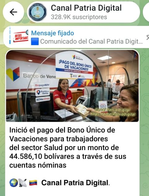 Bono Único de Vacaciones 2026 | Foto Oficial Canal Patria Digital