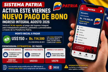 Nuevo pago de bono Sistema Patria agosto 2026 para trabajadores públicos, jubilados y pensionados