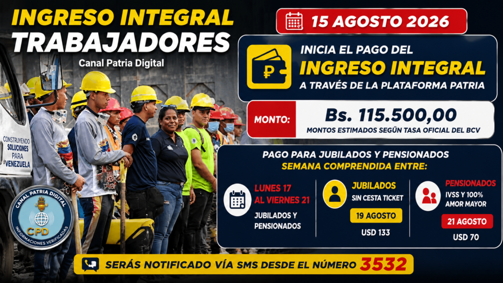 Ingreso Integral agosto 2026 de Bs. 115.500 para trabajadores públicos