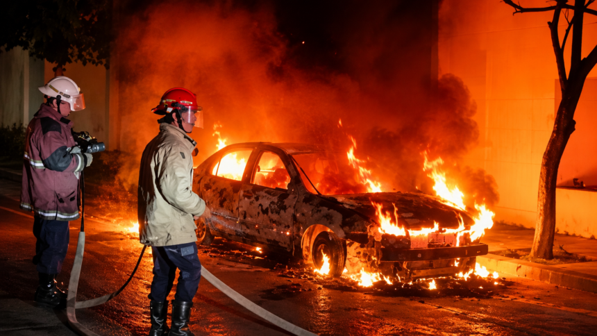 Vehículo incendiado cerca de la Plaza Bolívar de La Asunción