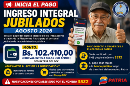 Ingreso Integral jubilados agosto 2026: pagan Bs. 102.410 por Patria