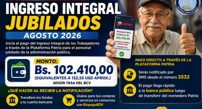 Inicia el pago del Ingreso Integral para jubilados en agosto 2026: monto de Bs. 102.410
