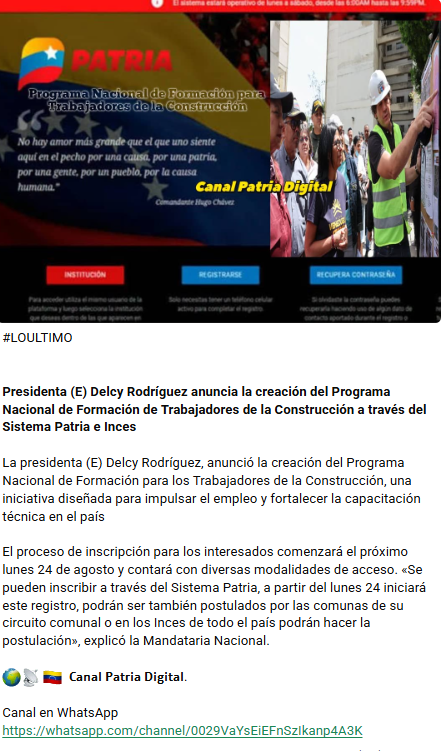 Presidenta (E) Delcy Rodríguez anuncia la creación del Programa Nacional de Formación de Trabajadores de la Construcción a través del Sistema Patria e Inces
