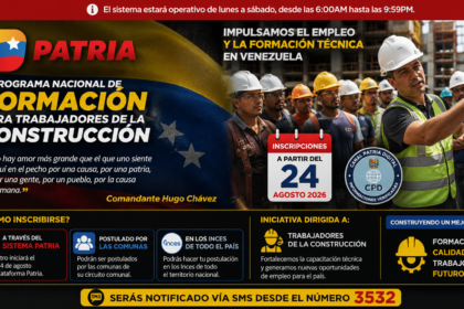 Programa Nacional de Formación para trabajadores de la construcción inicia inscripciones el 24 de agosto de 2026 a través del Sistema Patria e Inces