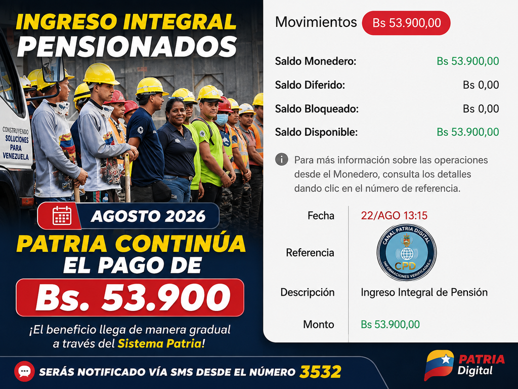 Ingreso Integral pensionados agosto 2026: Patria continúa el pago de Bs. 53.900