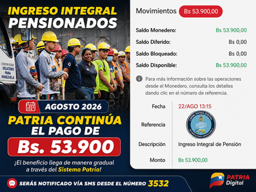 Ingreso Integral agosto 2026 para pensionados del IVSS por Bs. 53.900