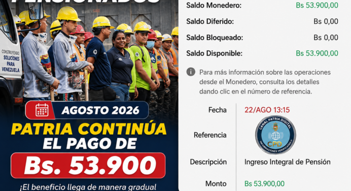 Ingreso Integral pensionados agosto 2026: Patria continúa el pago de Bs. 53.900