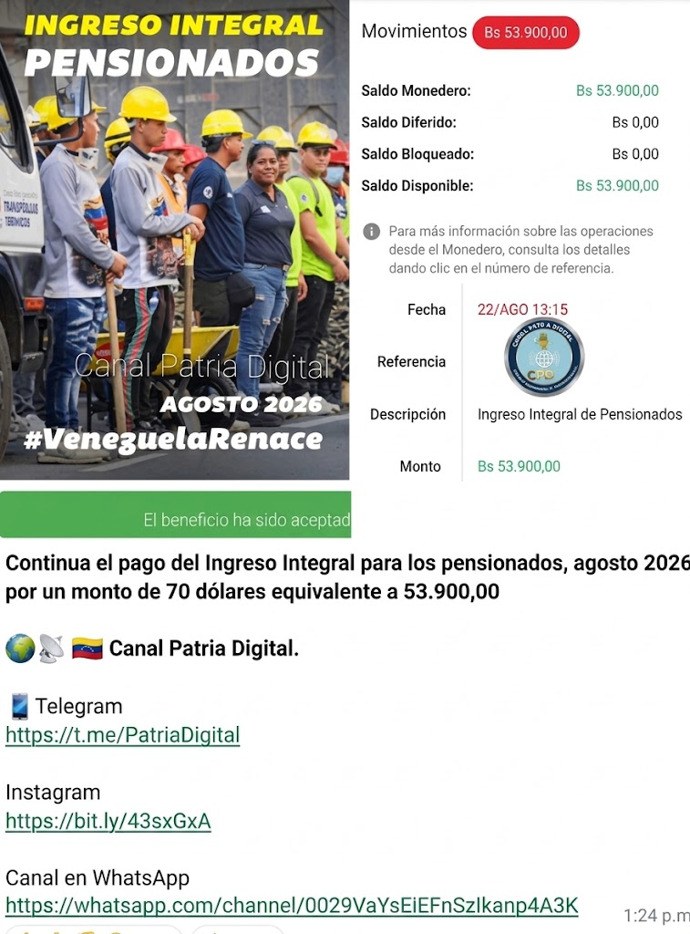 Ingreso Integral para los pensionados, agosto 2026 foto oficial de 𝗖𝗮𝗻𝗮𝗹 𝗣𝗮𝘁𝗿𝗶𝗮 𝗗𝗶𝗴𝗶𝘁𝗮𝗹.