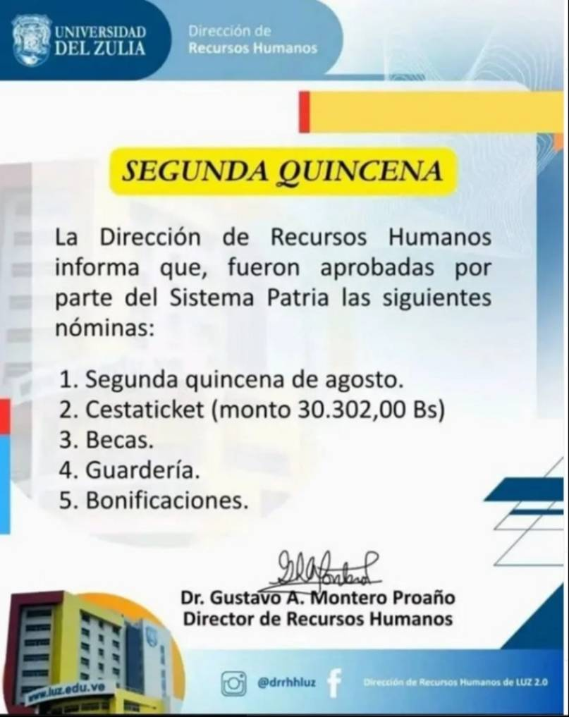 Trabajadores del sector educativo esperan los abonos correspondientes a la segunda quincena y bonificaciones de agosto 2026.