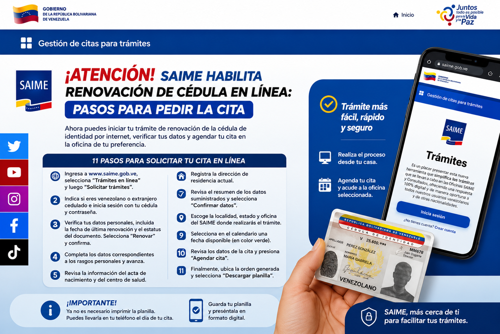 Saime habilita renovación de cédula en línea y permite solicitar cita por internet