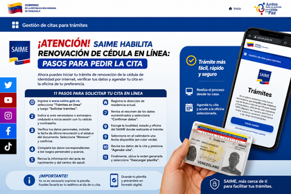 Saime habilita renovación de cédula en línea y permite solicitar cita por internet