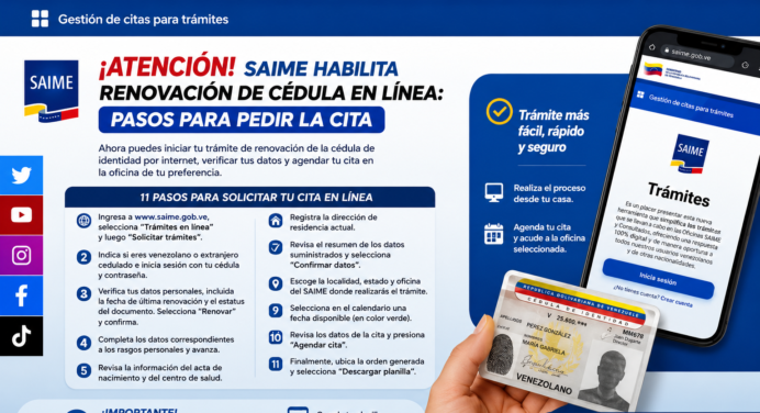 SAIME habilita renovación de cédula en línea: Pasos para solicitar la cita