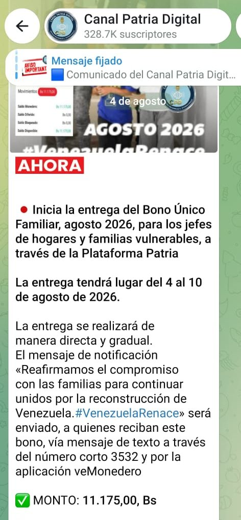 Bono Único Familiar agosto 2026 foto oficial de Canal Patria Digital