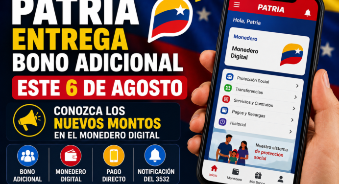 Patria entrega bono adicional este 6 de agosto: Conozca los nuevos montos en el monedero digital