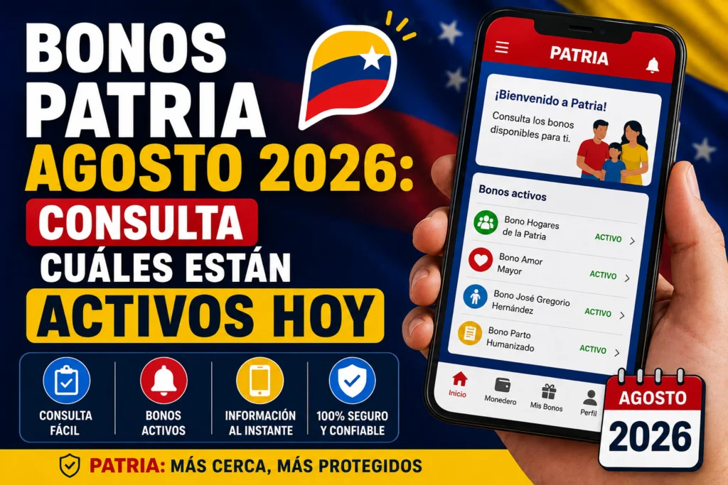 Bonos Patria agosto 2026: consulta cuáles están activos hoy. Imagen informativa con la plataforma Patria, un teléfono móvil mostrando bonos activos y elementos alusivos a Venezuela.