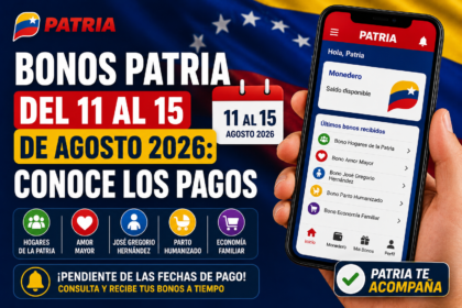 Bonos Patria del 11 al 15 de agosto de 2026: conoce los pagos. Imagen informativa con la plataforma Patria en un teléfono móvil, calendario con las fechas del 11 al 15 de agosto y referencias a los bonos Hogares de la Patria, Amor Mayor, José Gregorio Hernández, Parto Humanizado y Economía Familiar.