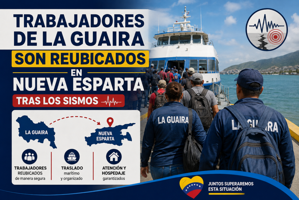 Trabajadores de La Guaira son reubicados en Nueva Esparta tras los sismos, mediante traslado marítimo organizado.