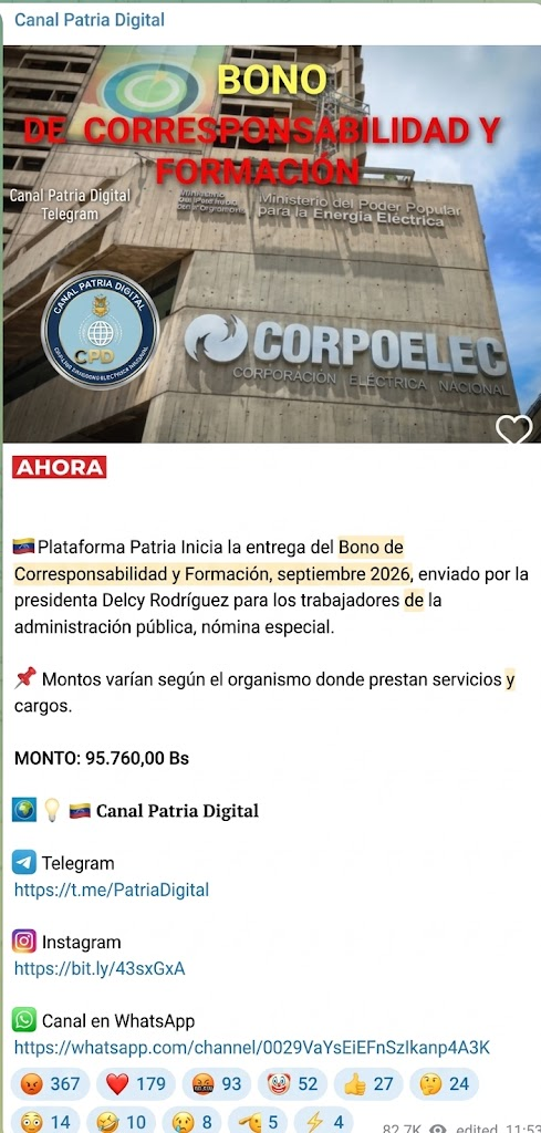 Plataforma Patria Inicia la entrega del Bono de Corresponsabilidad y Formación, septiembre 2026, enviado por la presidenta Delcy Rodríguez para los trabajadores de la administración pública, nómina especial. | Foto Oficial:  𝐂𝐚𝐧𝐚𝐥 𝐏𝐚𝐭𝐫𝐢𝐚 𝐃𝐢𝐠𝐢𝐭𝐚𝐥