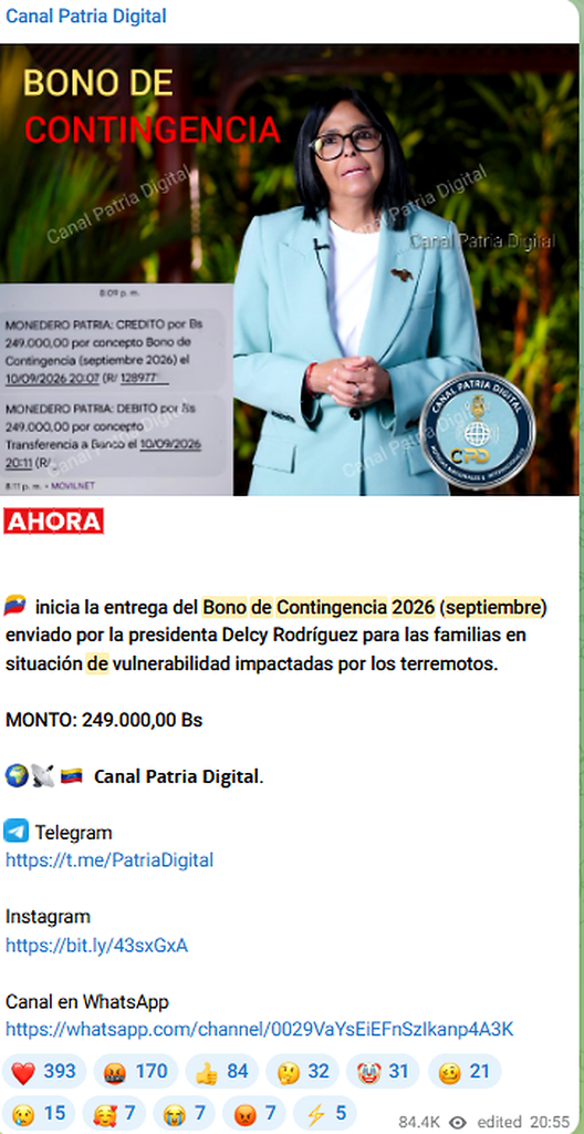 inicia la entrega del Bono de Contingencia Septiembre 2026  enviado por la presidenta Delcy Rodríguez para las familias en situación de vulnerabilidad impactadas por los terremotos | FOTO OFICIAL: 𝗖𝗮𝗻𝗮𝗹 𝗣𝗮𝘁𝗿𝗶𝗮 𝗗𝗶𝗴𝗶𝘁𝗮𝗹.
