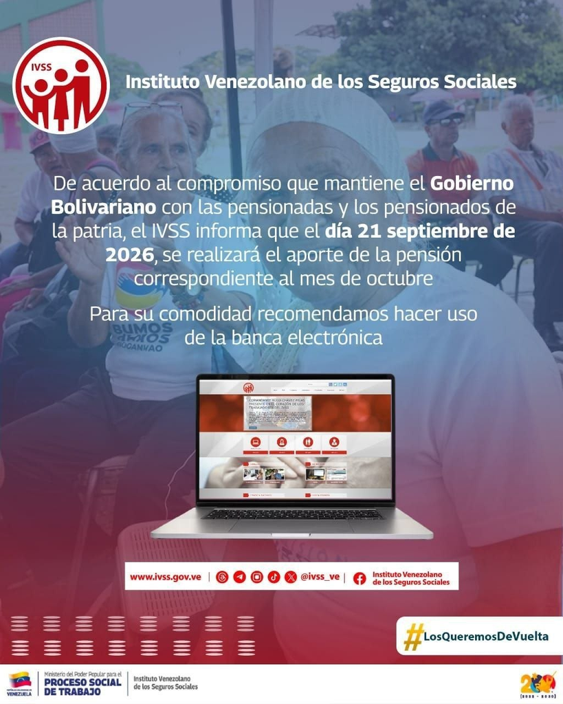 Pensión IVSS octubre 2026: Pago inicia este lunes 21 de septiembre