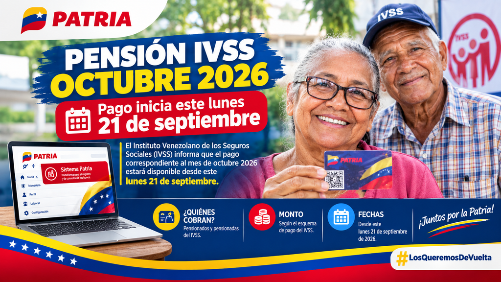 Pensión IVSS octubre 2026: pago este lunes 21 de septiembre