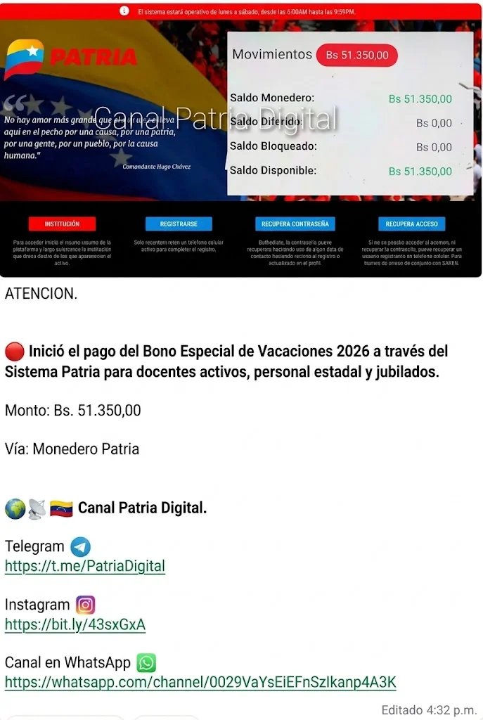 Inició el pago del Bono Especial de Vacaciones 2026 a través del Sistema Patria para docentes activos, personal estadal y jubilados. Monto: Bs. 51.350,00