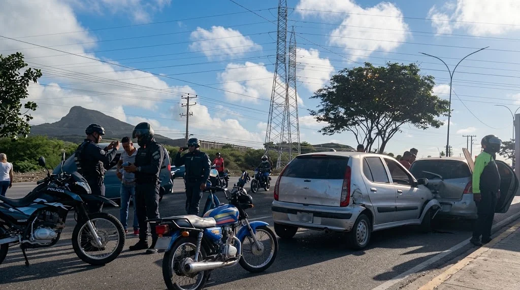 Unidades de Proteccion Civil y ambulancias atendiendo choque triple en la avenida Juan Bautista Arismendi sector Macho Muerto