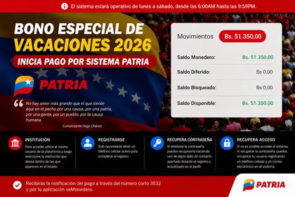 Bono Especial de Vacaciones 2026 pagado por el Sistema Patria a docentes y jubilados