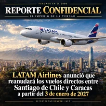 LATAM Airlines anunció que reanudará los vuelos directos entre Santiago de Chile y Caracas a partir del 3 de enero de 2027