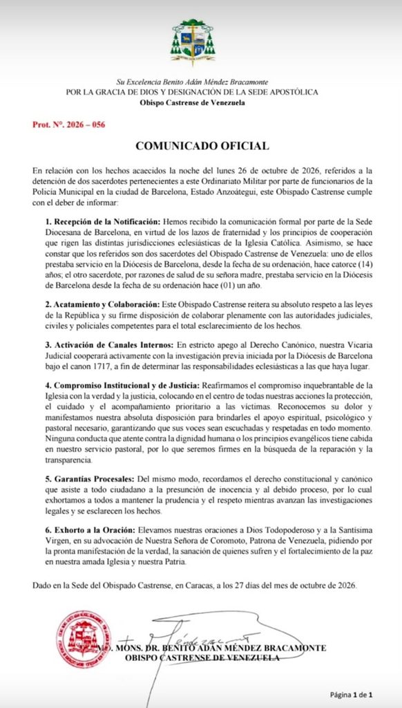 Comunicado del Obispado Castrense de Venezuela 🇻🇪