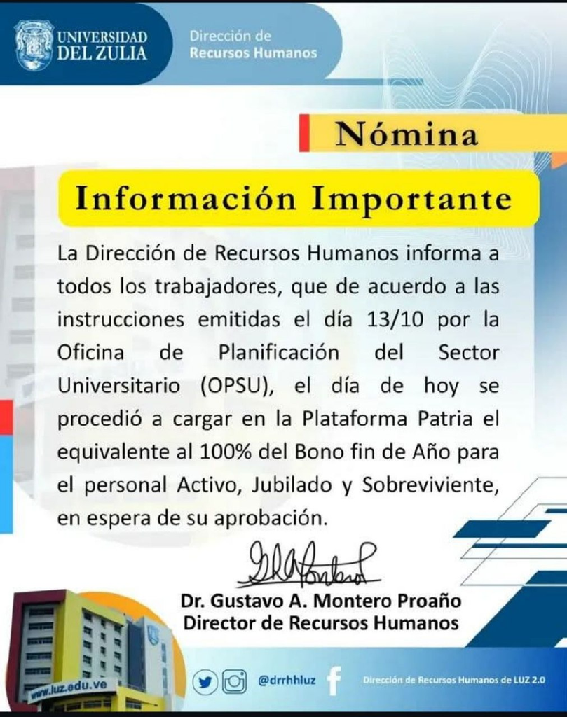 Bono de Fin de Año en la Plataforma Patria para los trabajadores del Ministerio de educación, personal activo, jubilados y pensionados