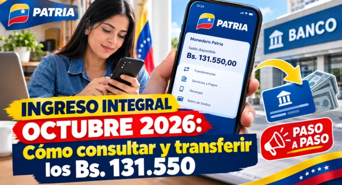 Ingreso Integral octubre 2026: Cómo consultar y transferir los Bs. 131.550