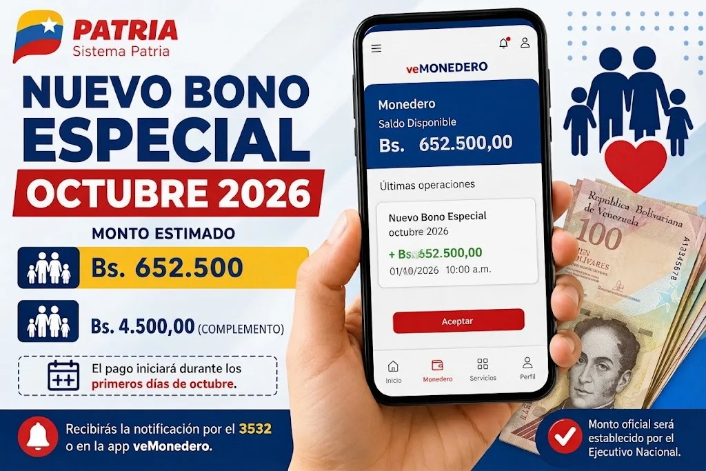 Patria activa Nuevo Bono Especial Octubre 2026: ¿Quiénes reciben los Bs. 652.500?